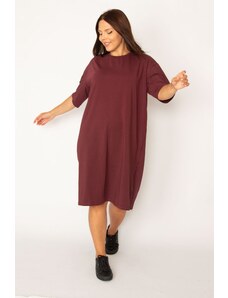 Şans Women's Plus Size Plum Cotton Fabric Lycra Dress with Side Zipper and a Slit