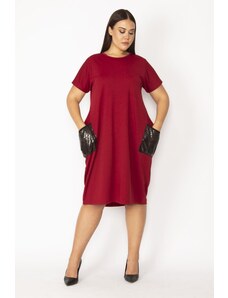 Şans Women's Plus Size Claret Red Dress with Pocket Sequin Detail