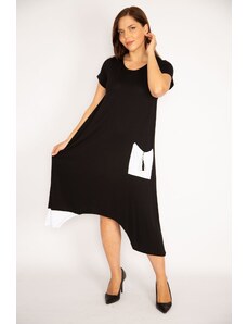 Şans Women's Plus Size Black Dress with Pocket Detailed and Garnish
