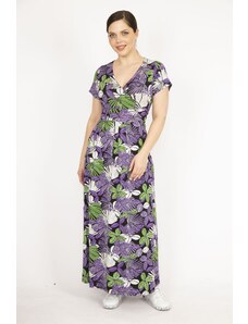 Şans Women's Purple Plus Size Wrap Collar Colored Long Dress