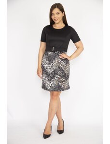 Şans Women's Black Plus Size Scuba Fabric Skirt Patterned Waist Belt Dress