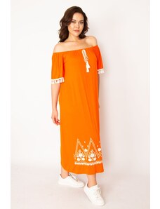 Şans Women's Plus Size Orange Carmen Collar Embroidery And Tassel Detail Long Dress