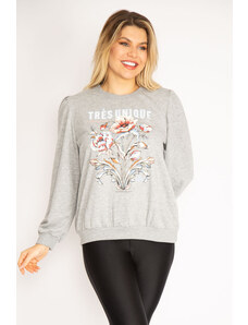 Şans Women's Plus Size Gray 3 Yarn Thick Front Printed Ribbed Sweatshirt with Gatherings