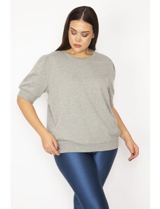 Şans Women's Plus Size Gray Shoulder Gathered Detailed Ribbed Short Sleeve Sweatshirt