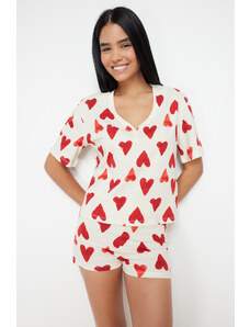 Trendyol Ecru 100% Cotton Heart Tshirt-Shorts Knitted Pajamas Set