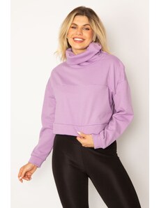 Şans Women's Plus Size Lilac Shoulder Zippered Stand Up Collar Detailed Inner Sharding Sweatshirt