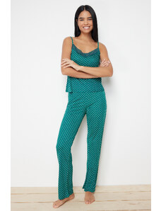 Trendyol Green Polka Dot Lace Detailed Viscose Knitted Pajamas Set