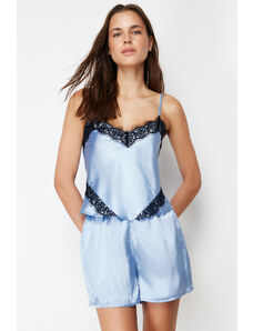 Trendyol Blue Lace Detailed Satin Woven Pajamas Set