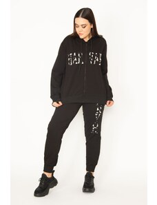 Şans Women's Large Size Black Hooded Front Zipper Detailed Sweatshirt Trousers Tracksuit