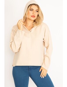 Şans Women's Plus Size Beige Hooded Side Slit Lycra Sweatshirt