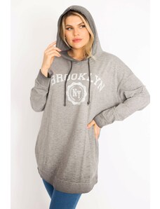 Şans Women's Plus Size Gray Thin Cotton Fabric Hooded Sweatshirt