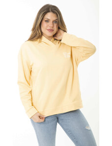 Şans Women's Plus Size Yellow Back And Chest Printed Two Thread Hooded Sweatshirt