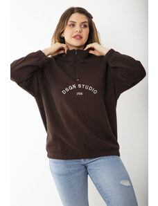 Şans Women's Plus Size Brown Inner Raising Front Pat Zipper Embroidered Sweatshirt