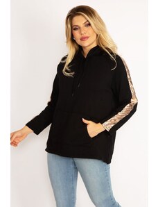 Şans Women's Plus Size Black Hooded Sweatshirt with Pockets Kangaroo with Gold Stripe Detail on the sleeves