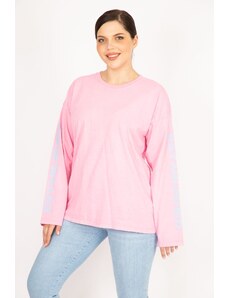 Şans Women's Pink Large Size Sleeve Printed Sweatshirt