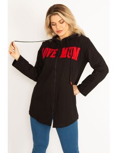 Şans Women's Plus Size Black Hooded Sweatshirt with Zipper And Print Detail