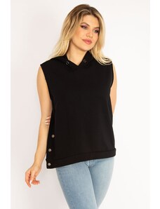 Şans Women's Plus Size Black Black Sleeveless Sweatshirt with Slits, Hooded