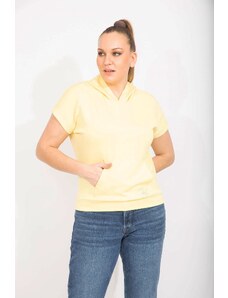 Şans Women's Yellow Plus Size Hooded Kangaroo Pocket Short Sleeve Sweatshirt