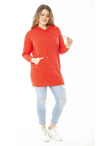 Şans Women's Plus Size Red Two Threads Hooded Sweatshirt