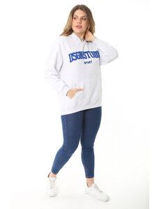 Şans Women's Plus Size Gray Raised 3-Threads Embroidery Detailed Hooded Sweatshirt