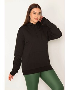 Şans Women's Plus Size Black Rayon 3 Threads Kangaroo Pocket Hooded Sweatshirt