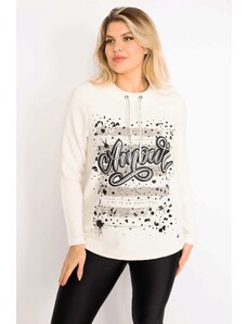 Şans Women's Plus Size Sweatshirt with Bone Collar Eyelets and Lace-Up, With Stones And Print Detail