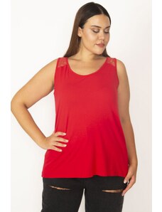 Şans Women's Plus Size Red Blouse With Lace Shoulders And A yoke at the back