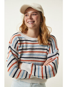 Happiness İstanbul Women's Cream Striped Seasonal Knitwear Sweater