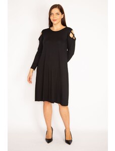 Şans Women's Plus Size Black Dress with Shoulder Detail