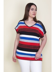 Şans Women's Plus Size Colorful Striped Blouse with Lace Detail on the Shoulders and V-Neck