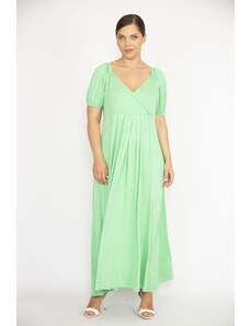 Şans Women's Large Size Green Shoulder and Sleeve Rubber Detailed Wrap Collar Dress