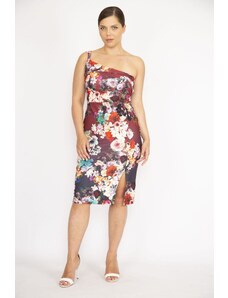 Şans Women's Colorful Plus Size One Shoulder Strap Front Slit Dress