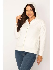 Şans Women's Plus Size Bone Front Zippered Hoodie Sweatshirt