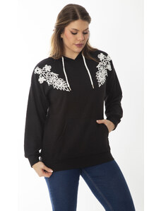 Şans Women's Plus Size Black Appliqued Lace And Hood Detailed Sweatshirt with Kangaroo Pocket