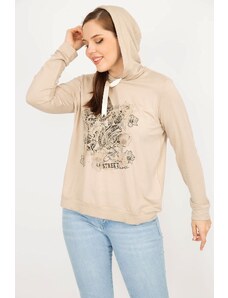 Şans Women's Mink Large Size Hooded Print and Stone Detailed Sweatshirt