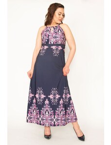 Şans Women's Plus Size Navy Blue Dress with a Kissing Collar Strap