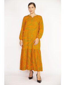 Şans Women's Orange Plus Size Woven Viscose Fabric Skirt Tiered Long Sleeve Dress