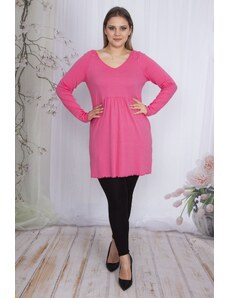 Şans Women's Large Size Pink V-Neck Waist Detailed Tunic