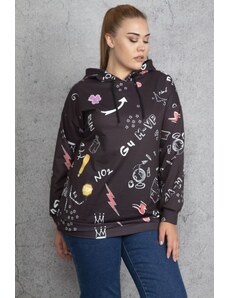 Şans Women's Plus Size Black Front Printed Hooded Sweatshirt