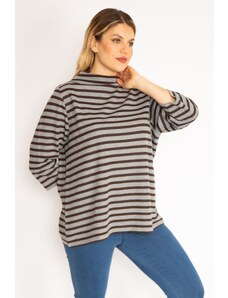 Şans Women's Plus Size Gray Crewneck Striped Blouse