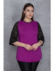 Şans Women's Plus Size Purple Viscose Blouse with Flocked Sleeves, Tulle Detail