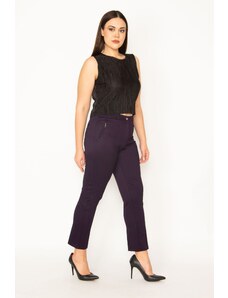Şans Women's Plus Size Plum Ornamental Zipper Pocket. Front Grass Stitched Fabric Trousers