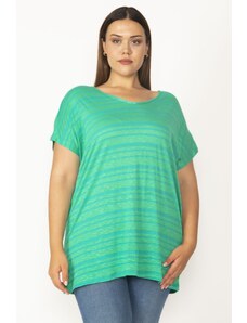 Şans Women's Plus Size Green Cross Back Low Sleeve Viscose Striped Blouse