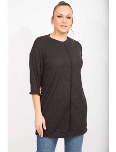 Şans Women's Plus Size Black Camisole Fabric Front Stitch Detail Long Tunic