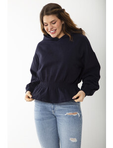 Şans Women's Plus Size Navy Blue Inner Raising Elastic Waist Detailed Hooded Sweatshirt