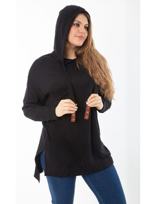 Şans Women's Plus Size Black Back Long Side Slit Hooded Sweatshirt