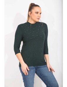 Şans Women's Plus Size Green Camisole Fabric Stone Detail Zero Collar Blouse