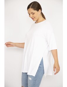 Şans Women's White Plus Size Side Slit Short Sleeve Blouse