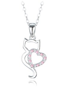MINET Stříbrný náhrdelník kočka se srdíčkem s bílými a růžovými zirkony JMAN0529PN45