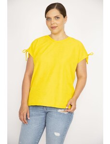 Şans Women's Yellow Plus Size Lace-Up Shoulder Polyester Fabric Blouse